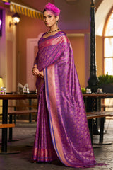 Surpassing Purple Pure Zari Weaving Banarasi Silk Saree With Sensational Blouse Piece