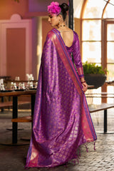 Surpassing Purple Pure Zari Weaving Banarasi Silk Saree With Sensational Blouse Piece