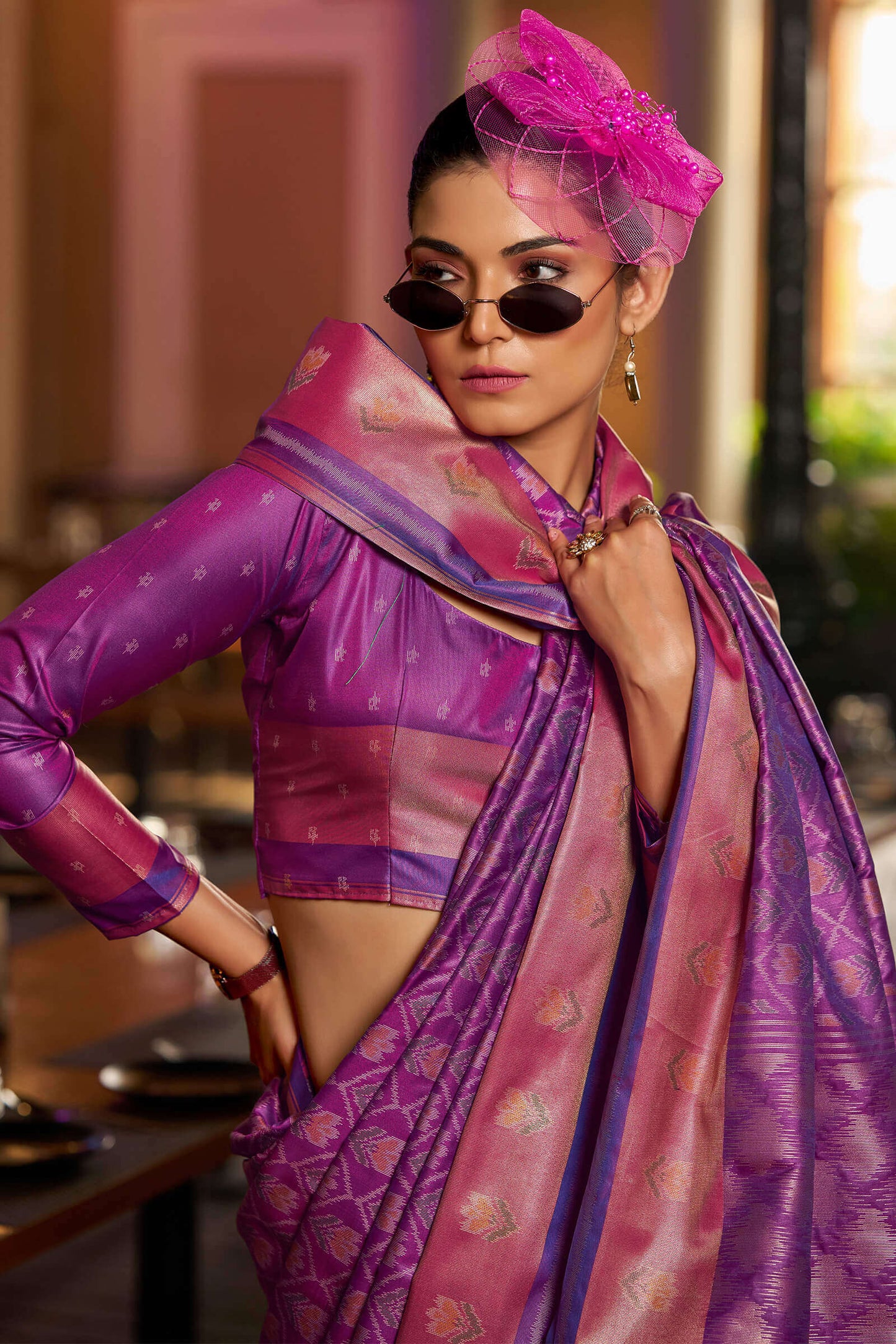 Surpassing Purple Pure Zari Weaving Banarasi Silk Saree With Sensational Blouse Piece