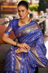 Conflate Royal Blue Pure Zari Weaving Banarasi Silk Saree With Jubilant Blouse Piece