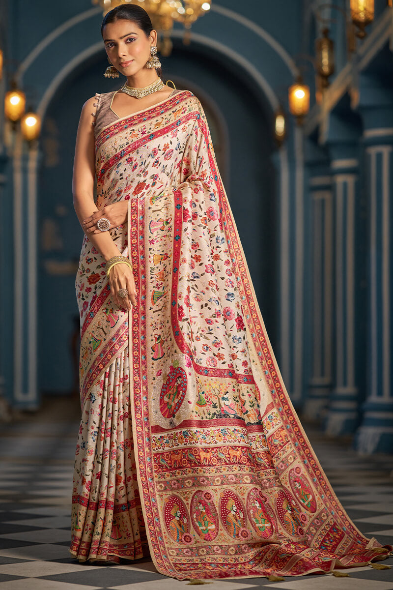 Capricious Beige Pashmina Saree With Felicitous Blouse Piece