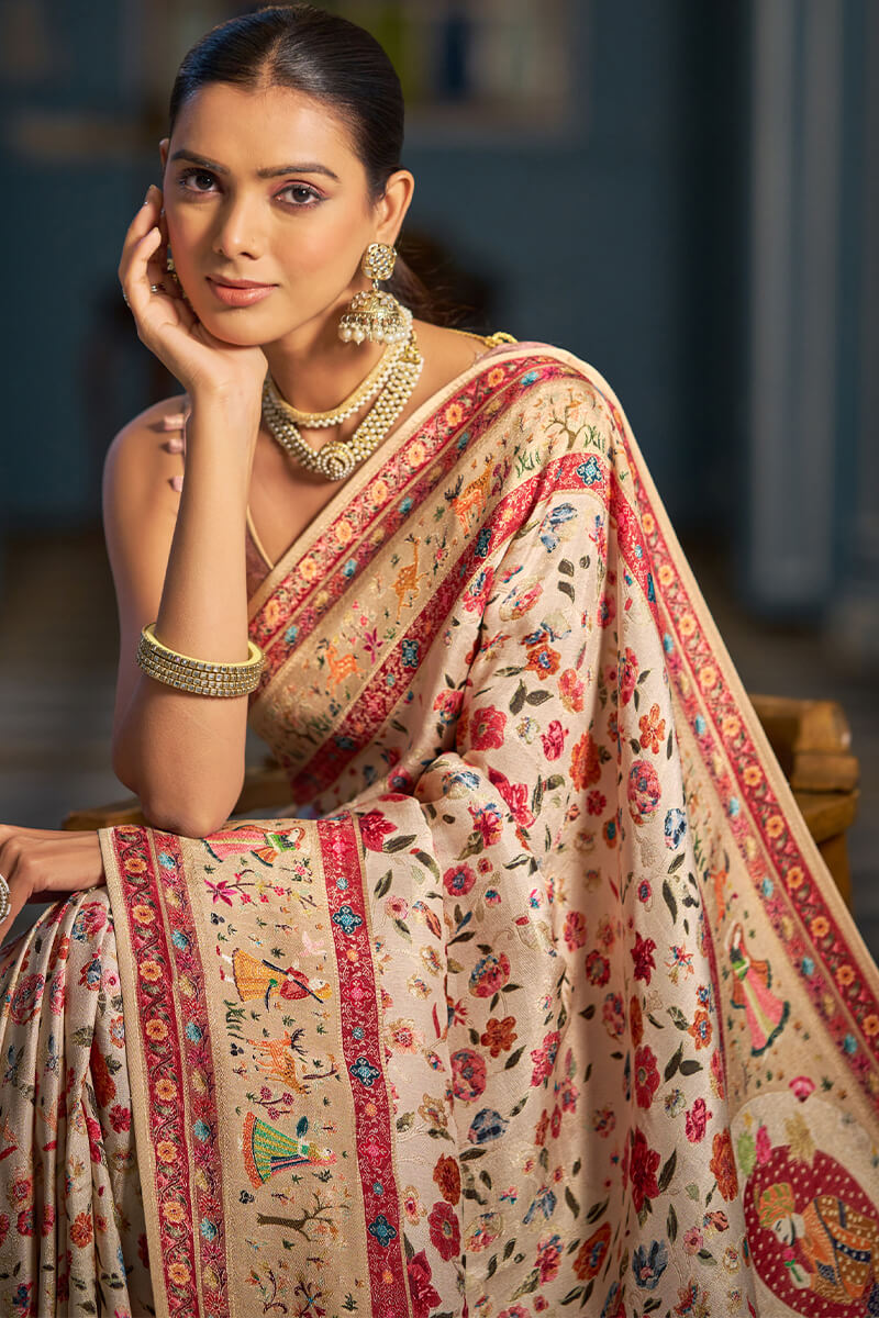 Capricious Beige Pashmina Saree With Felicitous Blouse Piece