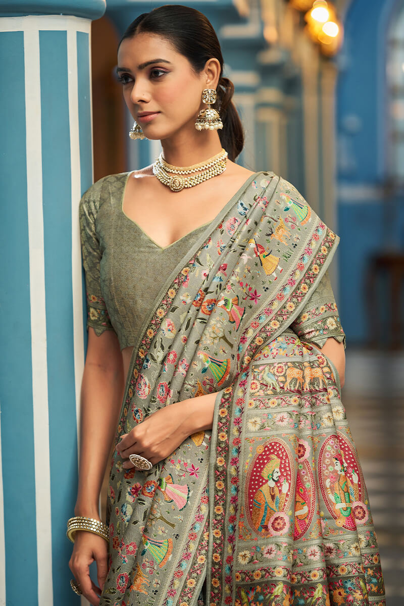 Ephemeral Green Pashmina Saree With Divine Blouse Piece