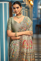 Ephemeral Green Pashmina Saree With Divine Blouse Piece