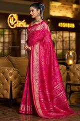 Ephemeral Dark Pink Pure Zari Weaving Banarasi Silk Saree With Outstanding Blouse Piece