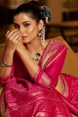 Ephemeral Dark Pink Pure Zari Weaving Banarasi Silk Saree With Outstanding Blouse Piece