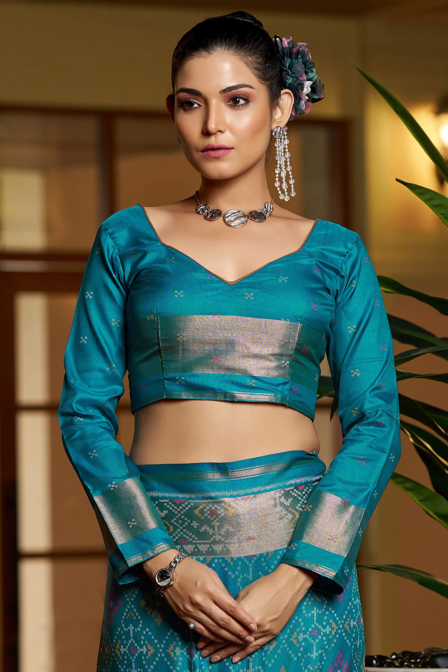 Assemblage Firozi Pure Zari Weaving Banarasi Silk Saree With Seraphic Blouse Piece