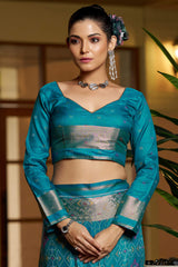 Assemblage Firozi Pure Zari Weaving Banarasi Silk Saree With Seraphic Blouse Piece