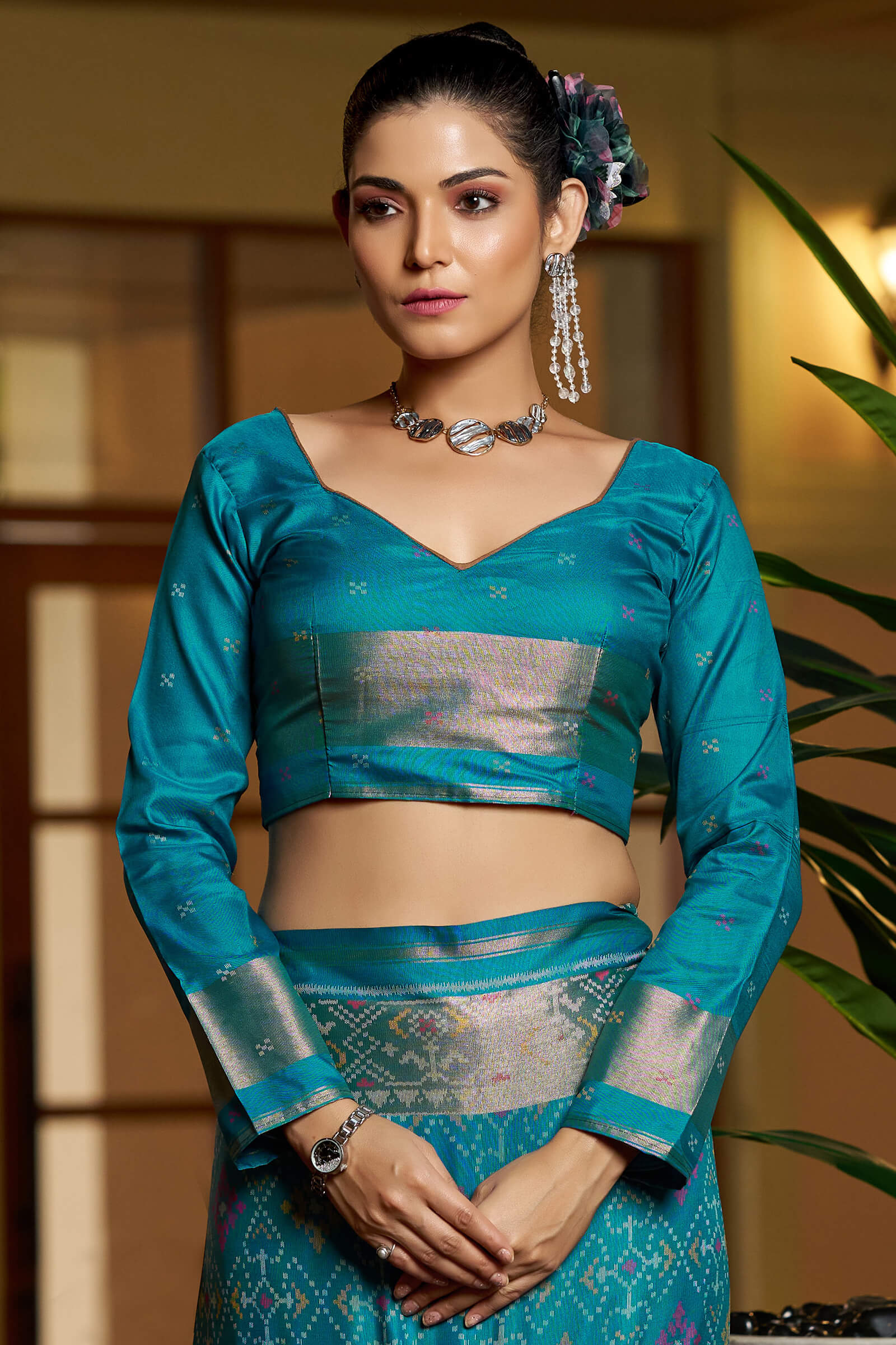 Assemblage Firozi Pure Zari Weaving Banarasi Silk Saree With Seraphic Blouse Piece