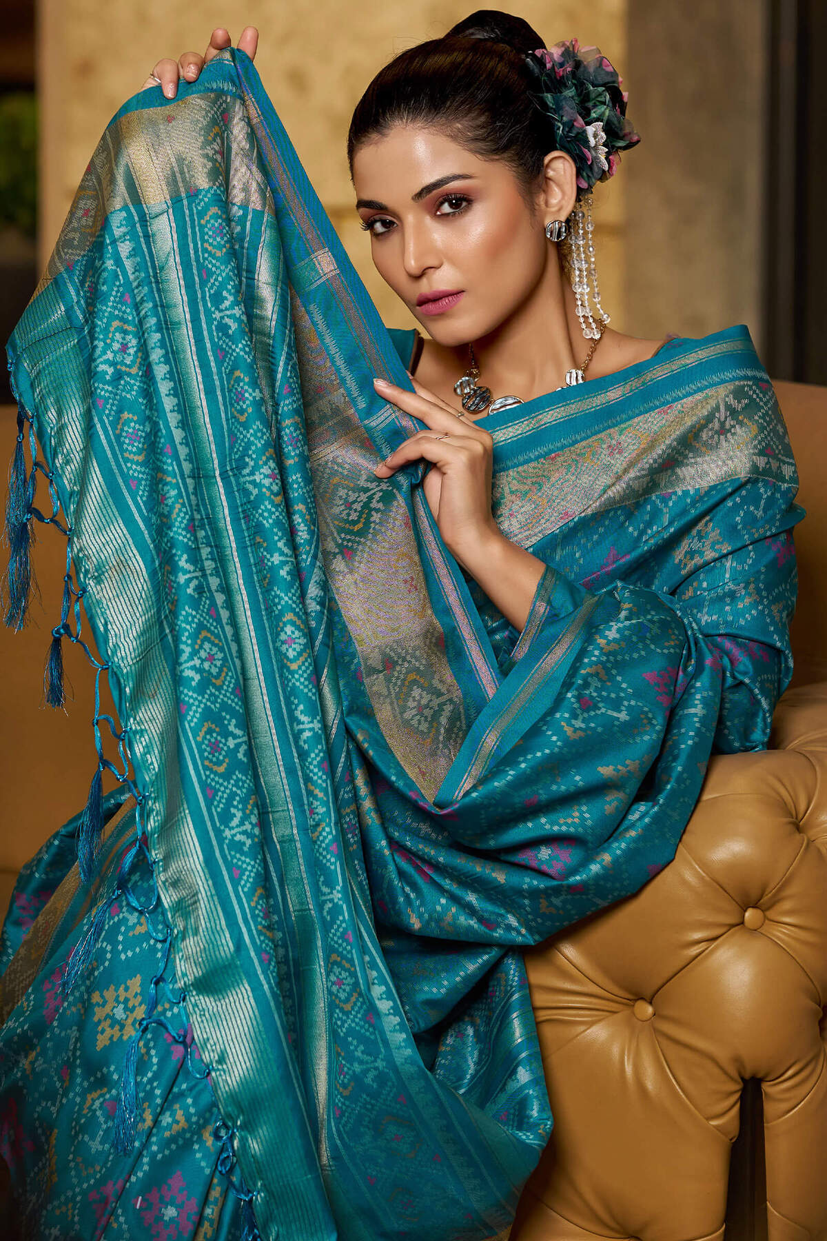 Assemblage Firozi Pure Zari Weaving Banarasi Silk Saree With Seraphic Blouse Piece