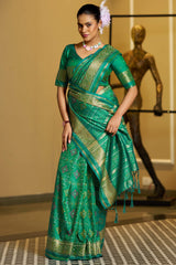 Rhapsodic Green Pure Zari Weaving Banarasi Silk Saree With Ethereal Blouse Piece