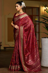 Gleaming Maroon Pure Zari Weaving Banarasi Silk Saree With Moiety Blouse Piece