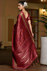 Gleaming Maroon Pure Zari Weaving Banarasi Silk Saree With Moiety Blouse Piece