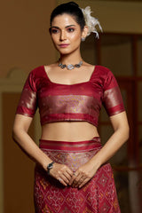 Gleaming Maroon Pure Zari Weaving Banarasi Silk Saree With Moiety Blouse Piece