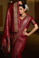 Gleaming Maroon Pure Zari Weaving Banarasi Silk Saree With Moiety Blouse Piece