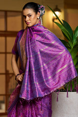 Woebegone Purple Pure Zari Weaving Banarasi Silk Saree With Ephemeral Blouse Piece