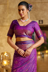 Woebegone Purple Pure Zari Weaving Banarasi Silk Saree With Ephemeral Blouse Piece