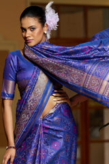 Confounding Royal Blue Pure Zari Weaving Banarasi Silk Saree With Nemesis Blouse Piece