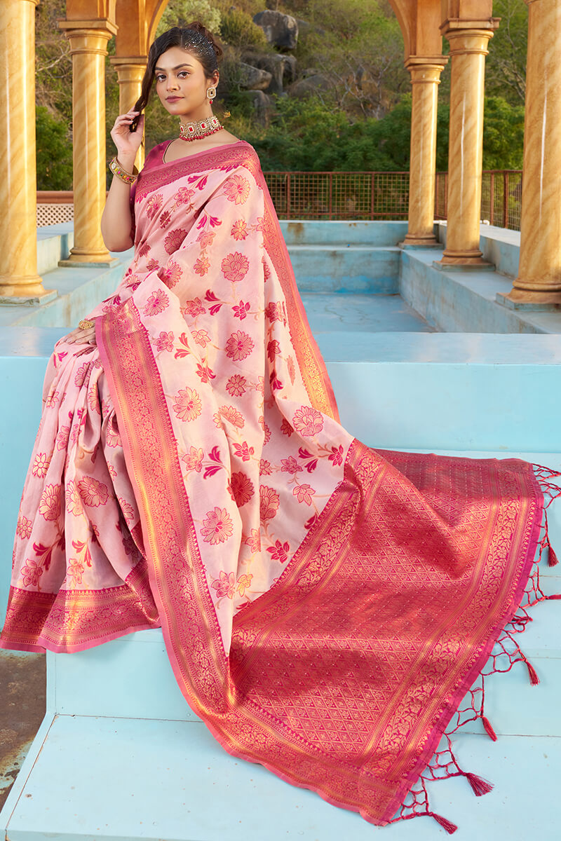 Panoply Baby Pink Organza Silk Saree With Lissome Blouse Piece