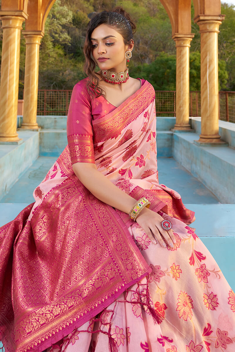 Panoply Baby Pink Organza Silk Saree With Lissome Blouse Piece