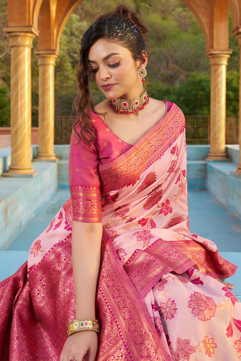 Panoply Baby Pink Organza Silk Saree With Lissome Blouse Piece