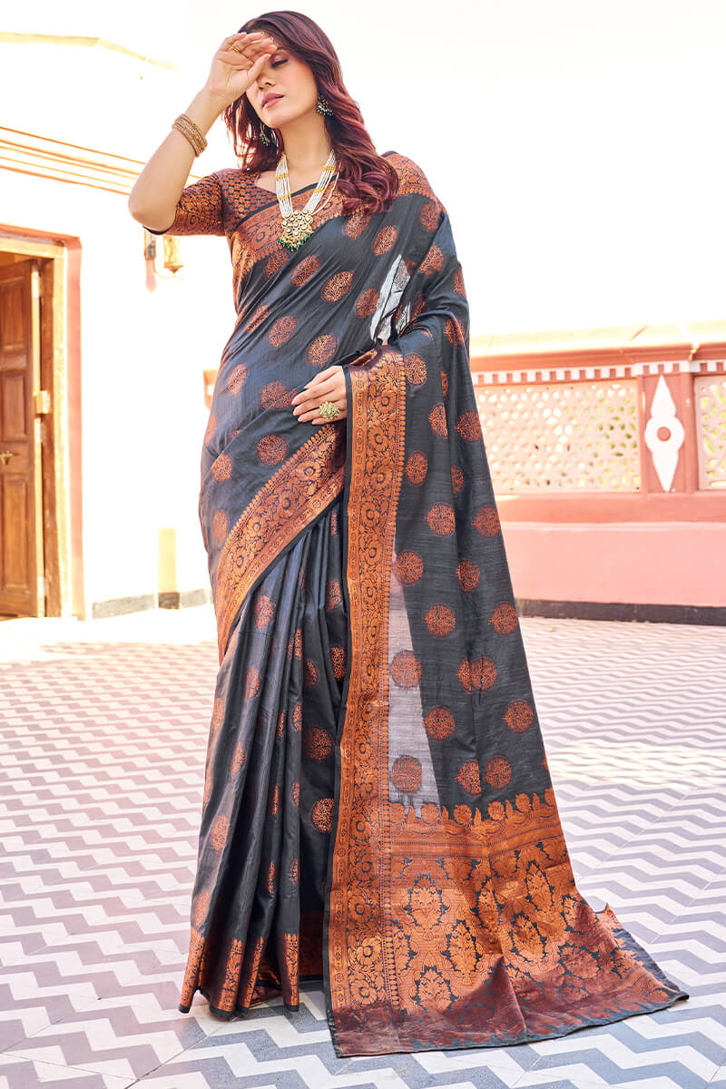 Demanding Black Banarasi Silk Saree With Pretty Blouse Piece
