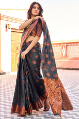 Demanding Black Banarasi Silk Saree With Pretty Blouse Piece