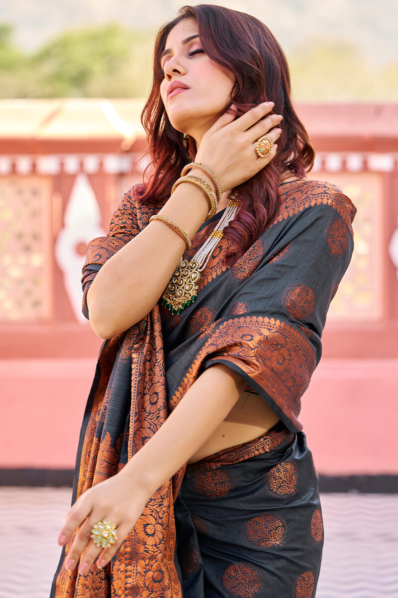 Demanding Black Banarasi Silk Saree With Pretty Blouse Piece