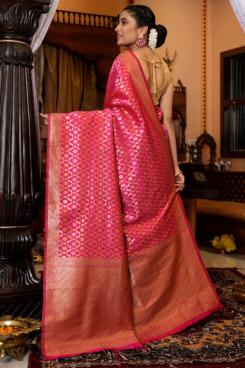 Stunning Dark Pink Kanjivaram Silk With Eloquence Blouse Piece