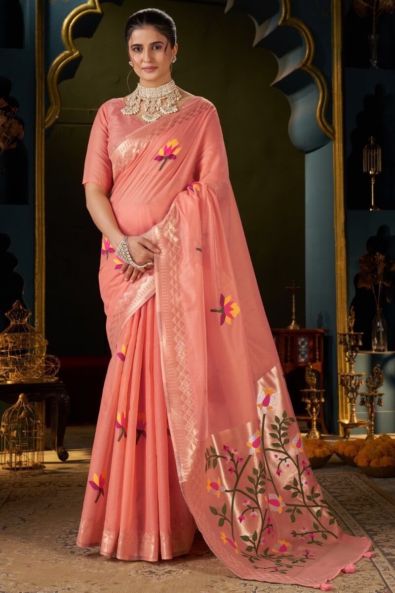 Extraordinary Peach Cotton Silk Saree With Glittering Blouse Piece