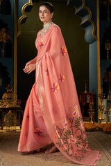 Extraordinary Peach Cotton Silk Saree With Glittering Blouse Piece
