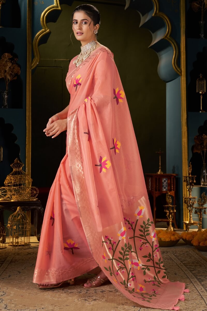 Extraordinary Peach Cotton Silk Saree With Glittering Blouse Piece