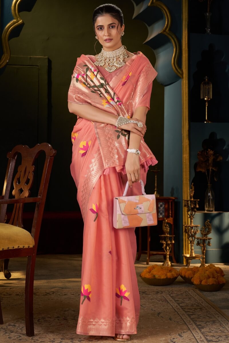 Extraordinary Peach Cotton Silk Saree With Glittering Blouse Piece
