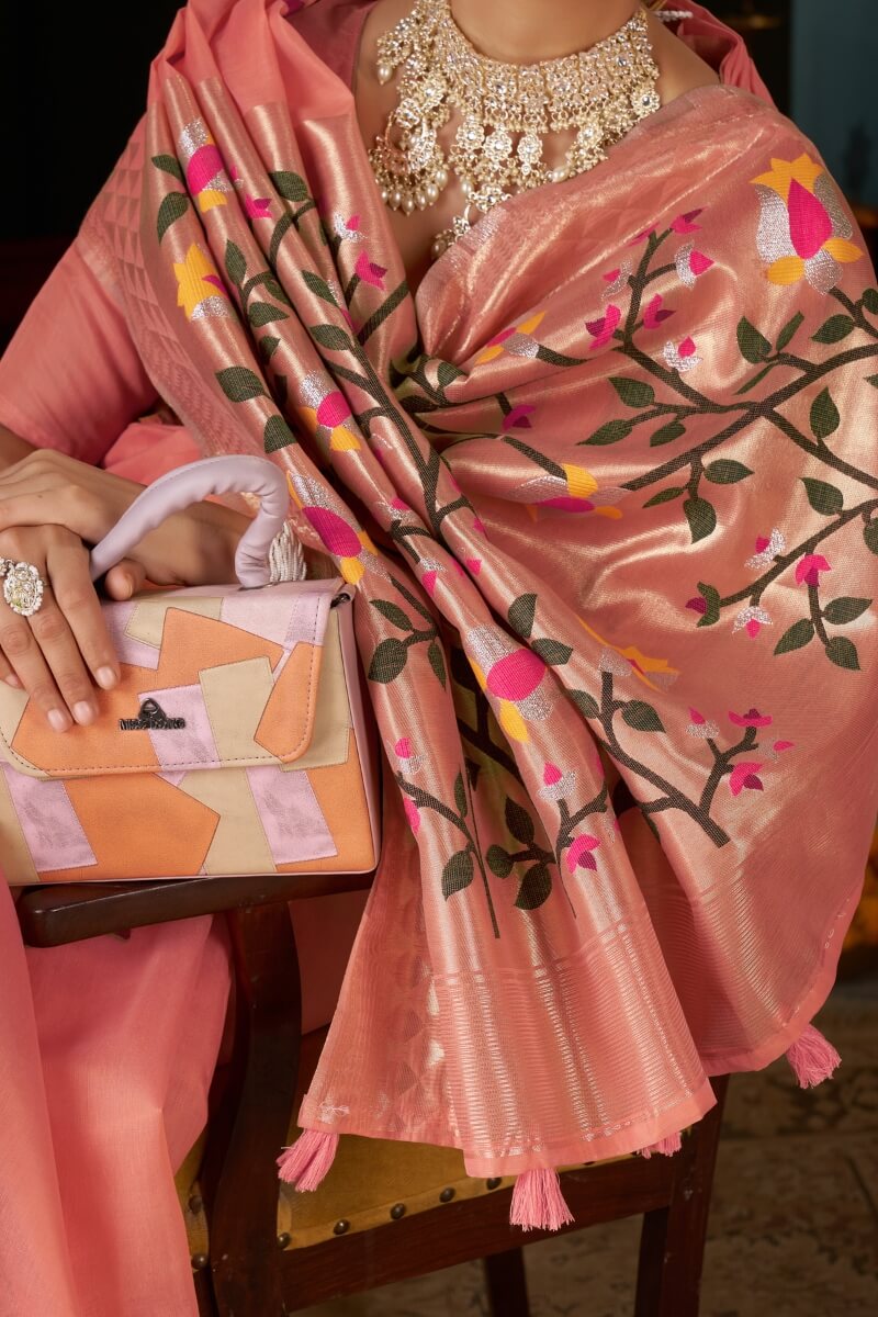 Extraordinary Peach Cotton Silk Saree With Glittering Blouse Piece