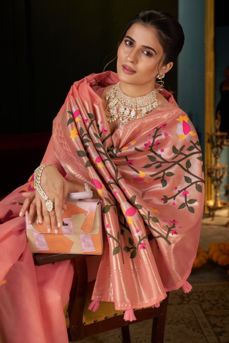 Extraordinary Peach Cotton Silk Saree With Glittering Blouse Piece