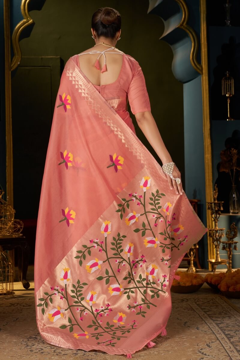 Extraordinary Peach Cotton Silk Saree With Glittering Blouse Piece