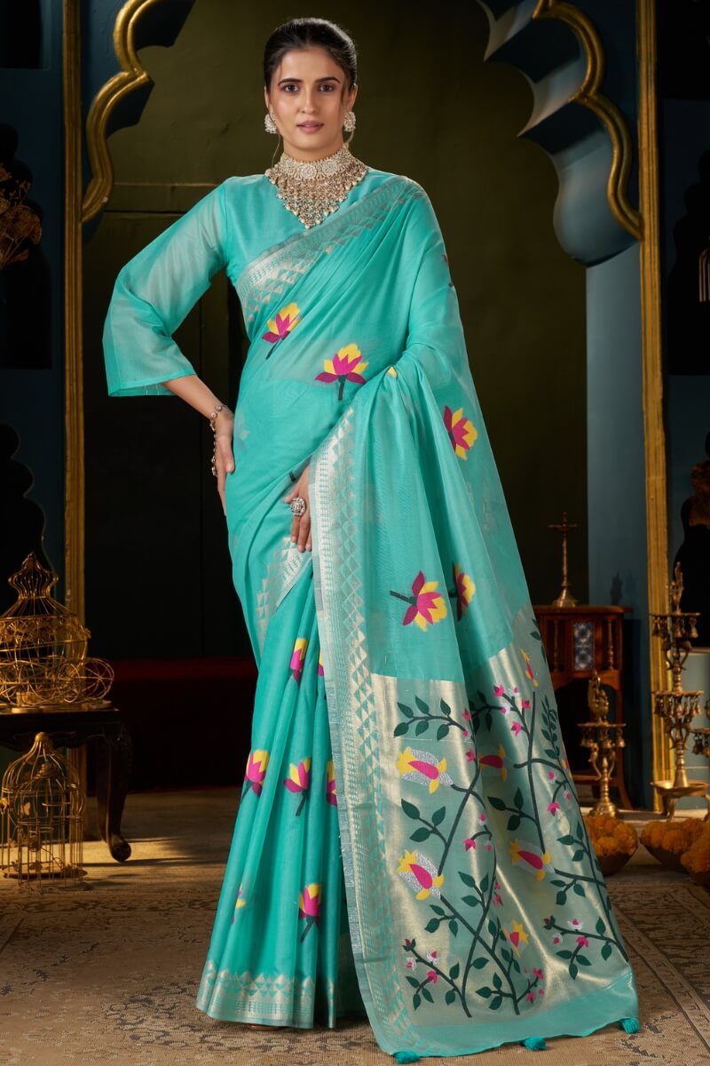 Elision Turquoise Cotton Silk Saree With Nemesis Blouse Piece