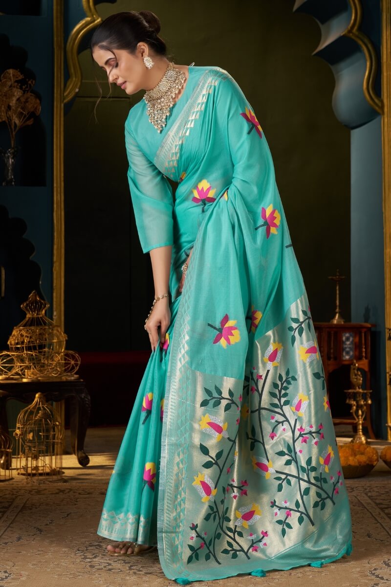 Elision Turquoise Cotton Silk Saree With Nemesis Blouse Piece