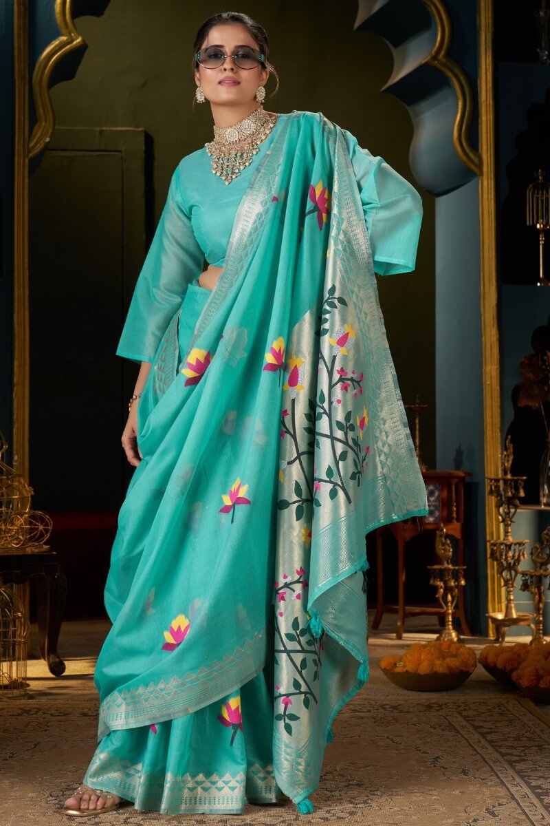 Elision Turquoise Cotton Silk Saree With Nemesis Blouse Piece