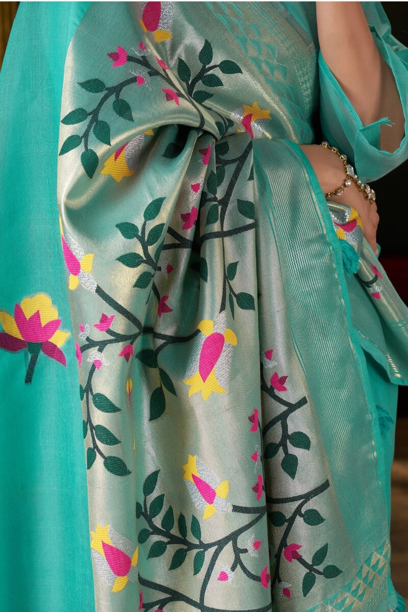 Elision Turquoise Cotton Silk Saree With Nemesis Blouse Piece