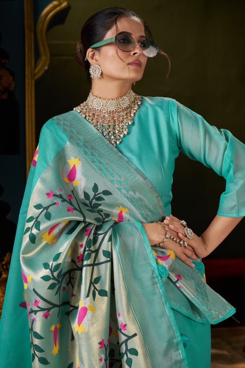 Elision Turquoise Cotton Silk Saree With Nemesis Blouse Piece