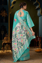 Elision Turquoise Cotton Silk Saree With Nemesis Blouse Piece