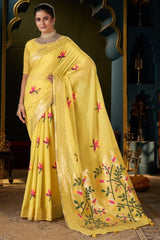 Comely Yellow Cotton Silk Saree With Flameboyant Blouse Piece