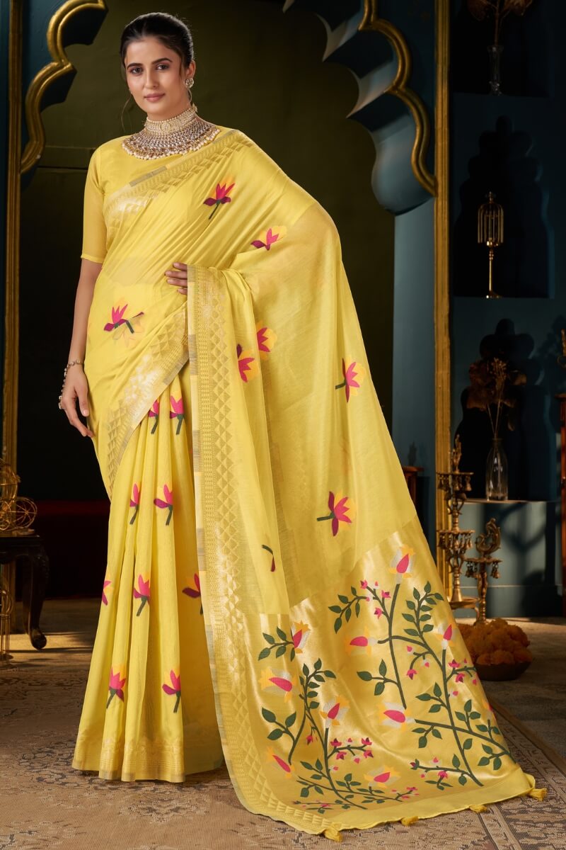 Comely Yellow Cotton Silk Saree With Flameboyant Blouse Piece