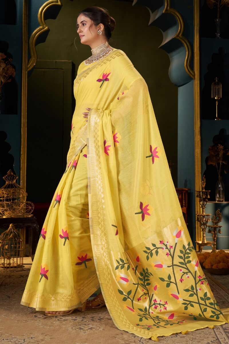 Comely Yellow Cotton Silk Saree With Flameboyant Blouse Piece