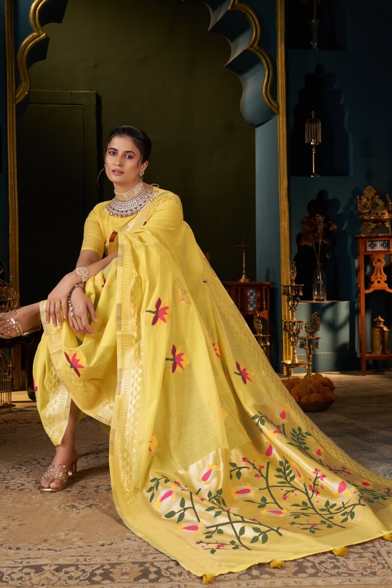 Comely Yellow Cotton Silk Saree With Flameboyant Blouse Piece