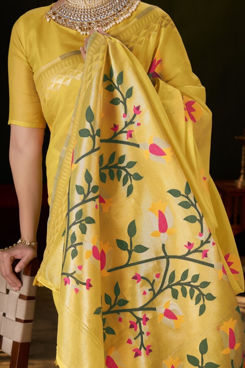 Comely Yellow Cotton Silk Saree With Flameboyant Blouse Piece