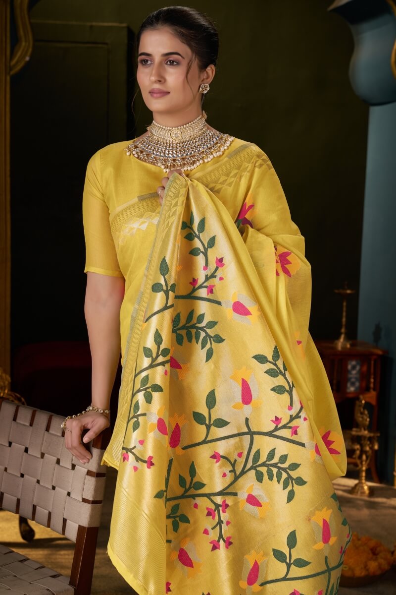Comely Yellow Cotton Silk Saree With Flameboyant Blouse Piece