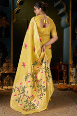 Comely Yellow Cotton Silk Saree With Flameboyant Blouse Piece