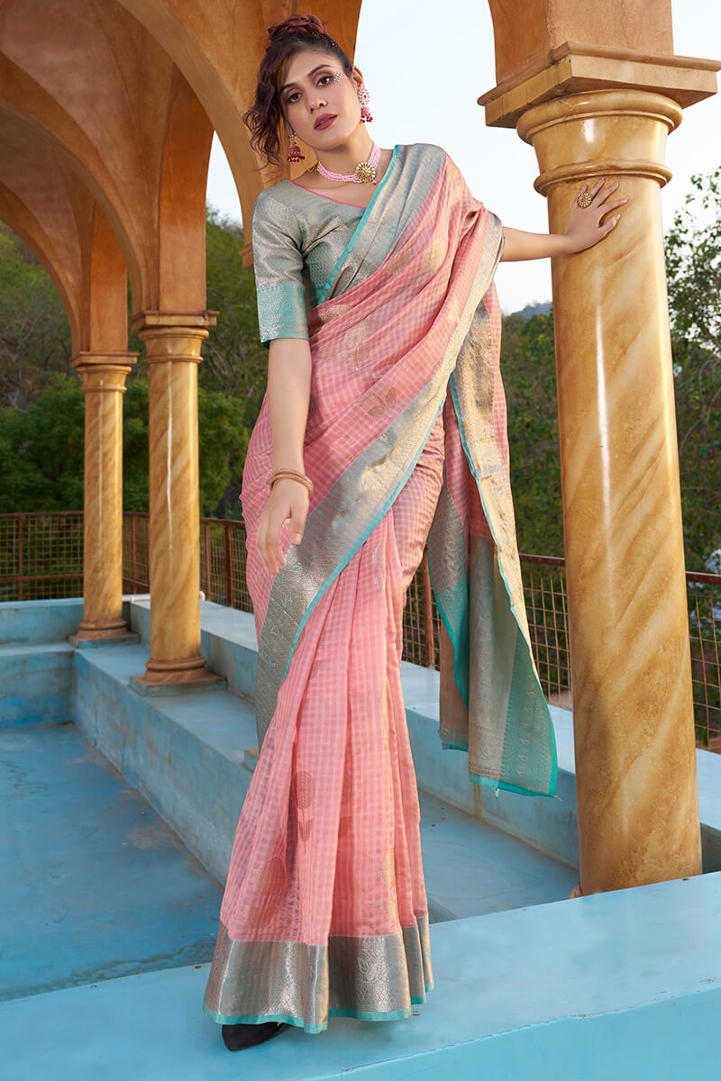 Seraglio Baby Pink Organza Silk Saree With Vestigial Blouse Piece